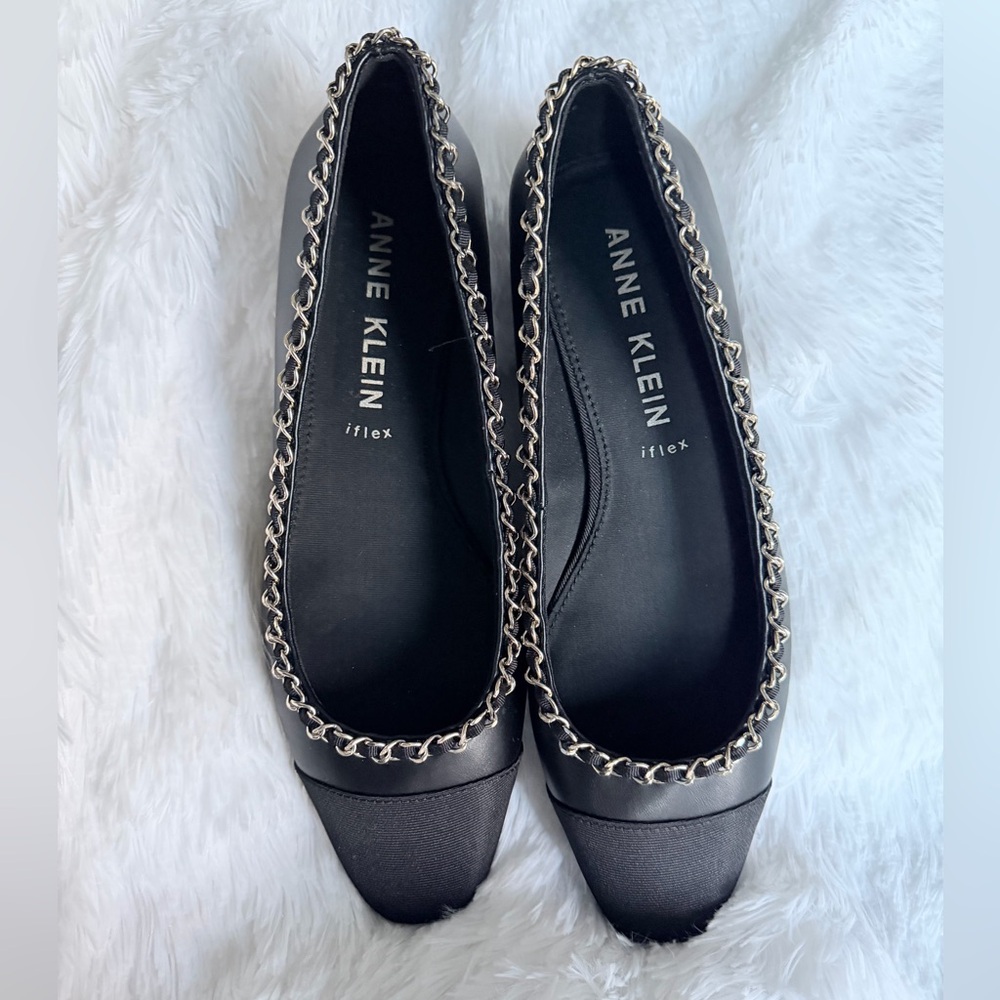Anne Klein Black Chain-Trim Pointed Ballet Flats